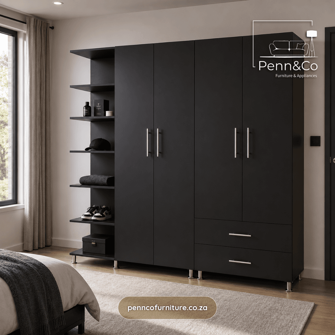 Elite 4-Door Wardrobe with Open Shelving & Drawers – (S1)
