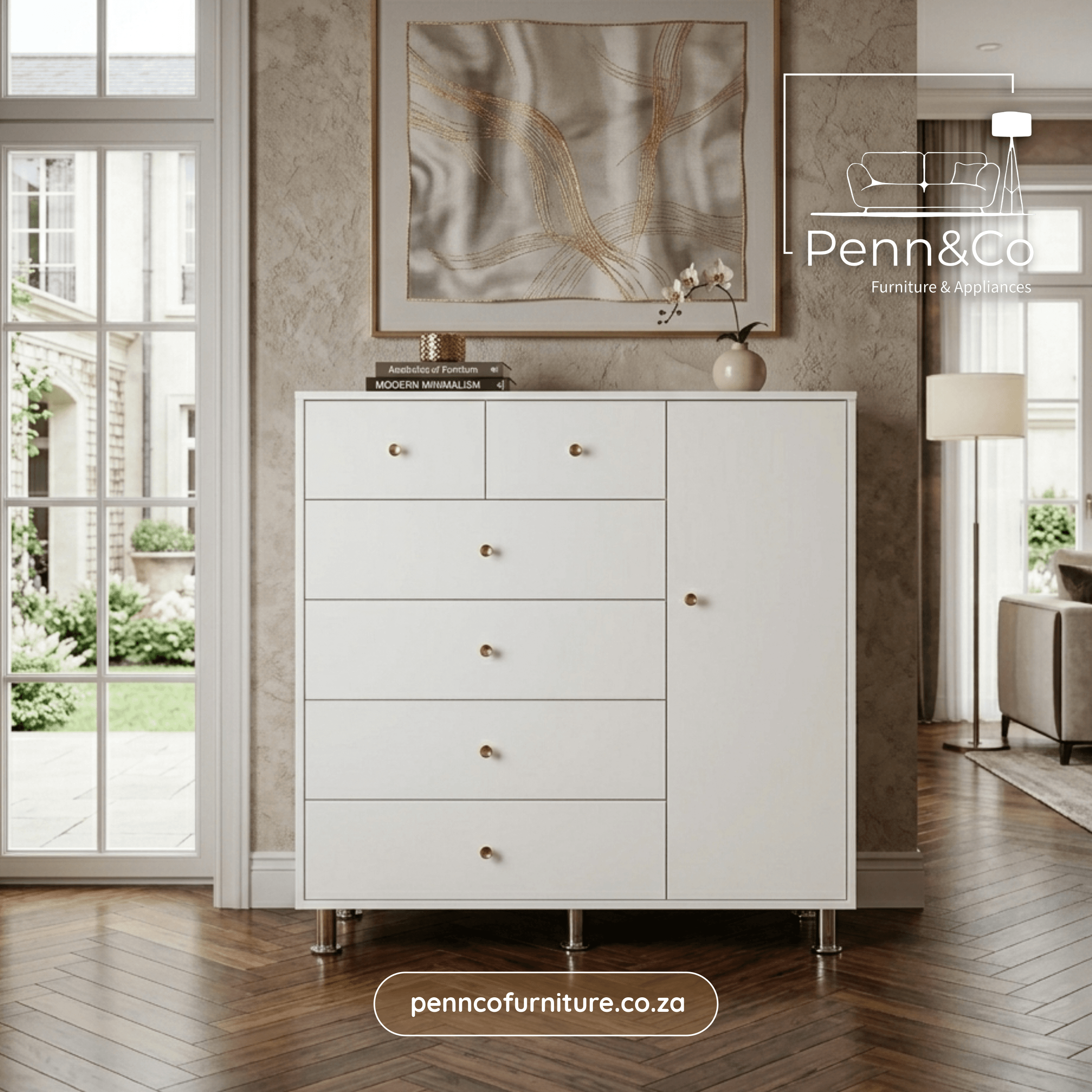 Regal Chest of Drawers with Gold Knobs & Legs –(S1)