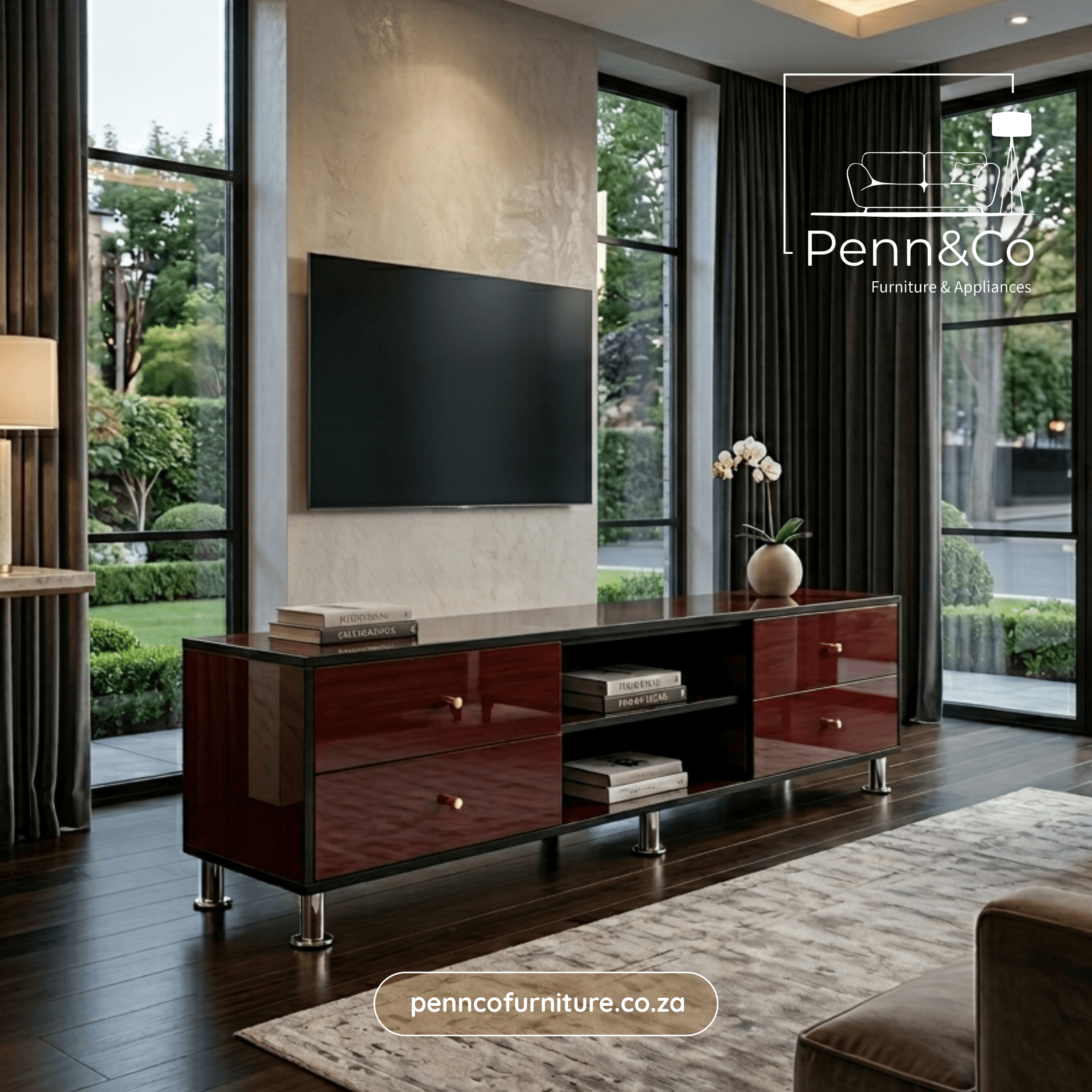 Prestige Mahogany TV Stand with Gold Accents – (S1)