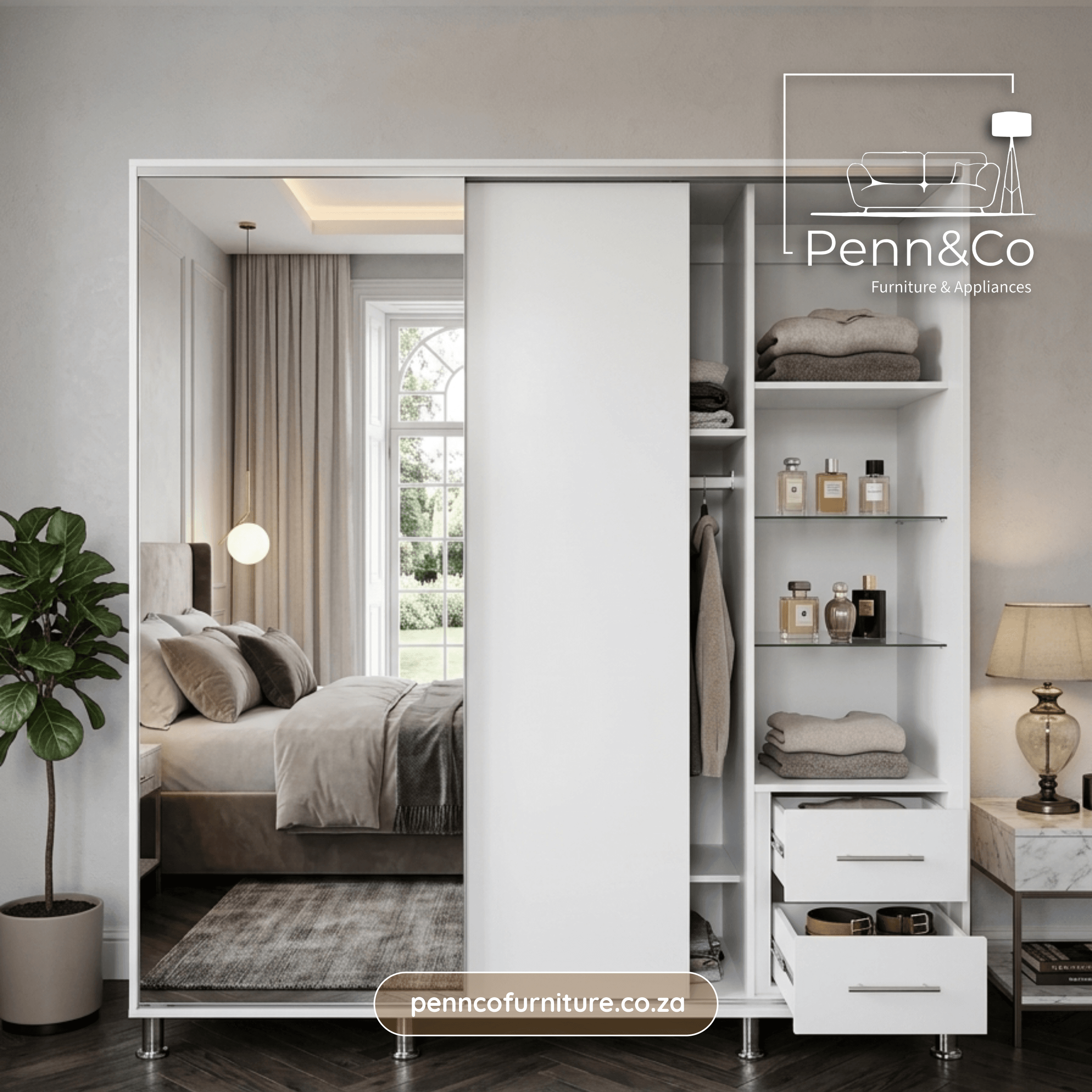 Sleek Mirror Sliding Door Wardrobe with Shelving & Drawers – (S1)