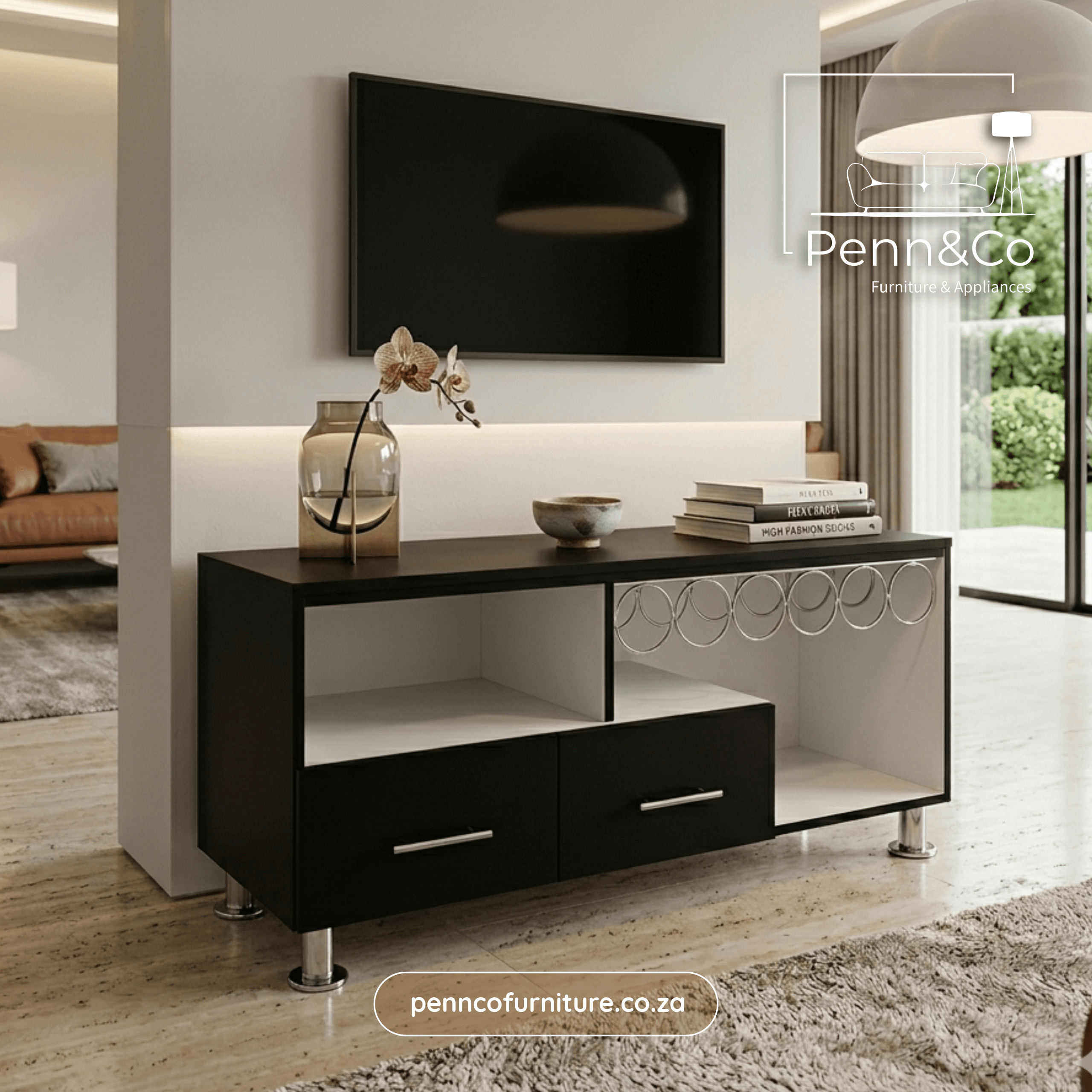 Elite TV Stand with Decorative Panel & Drawers – (S1)