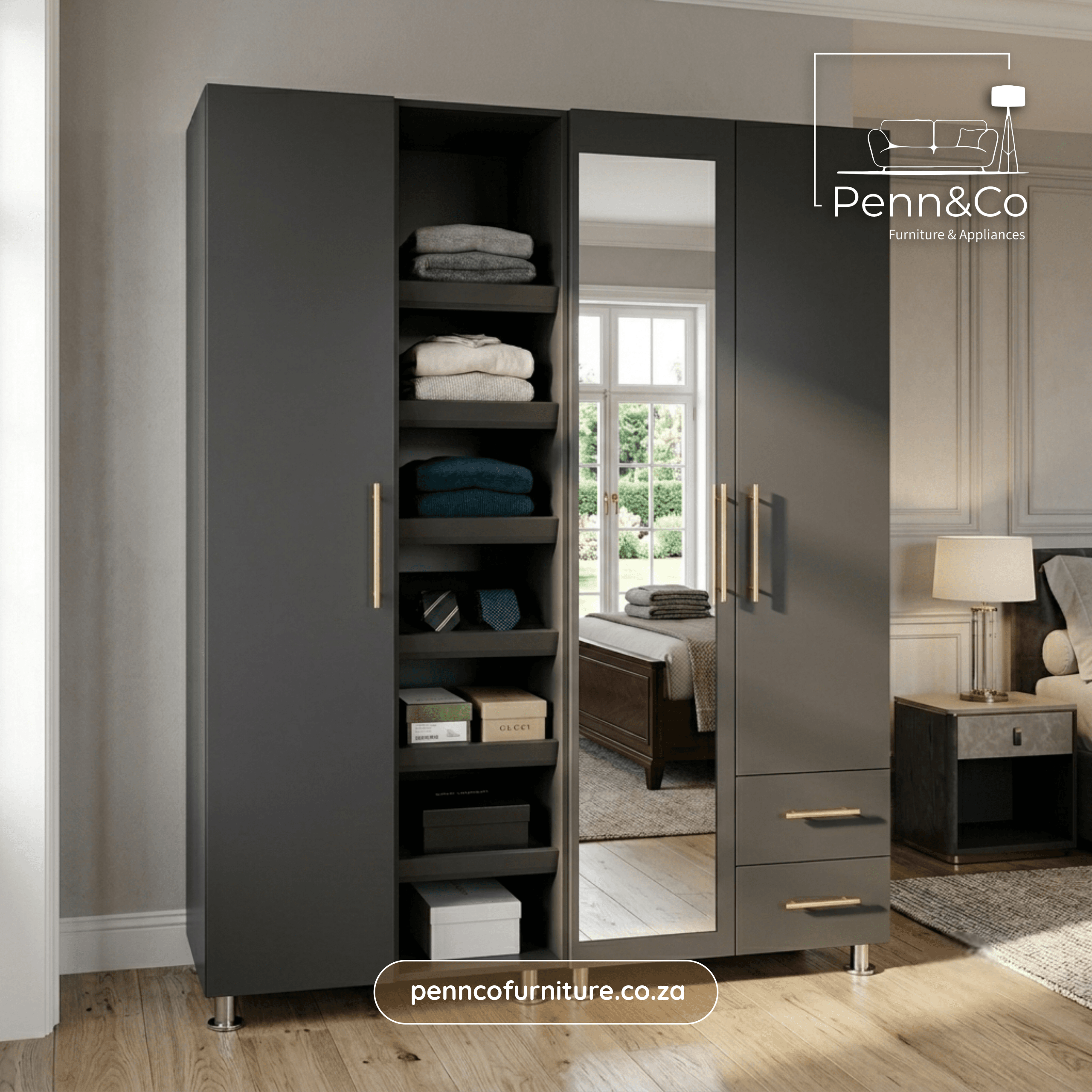 Signature Mirrored Wardrobe with Open Shelving & Drawers (S1)