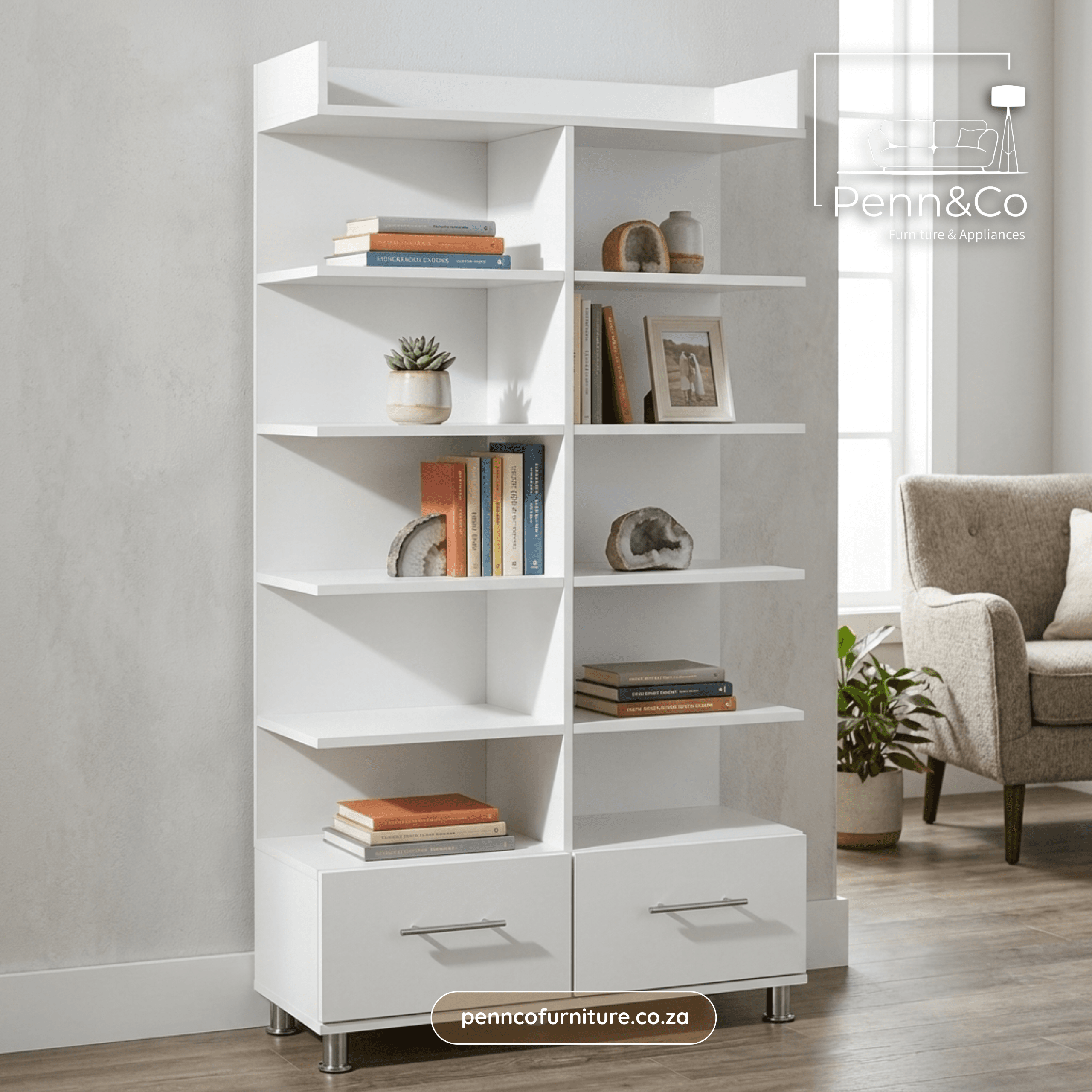 Architectural Open Bookshelf with Drawers – (S1)